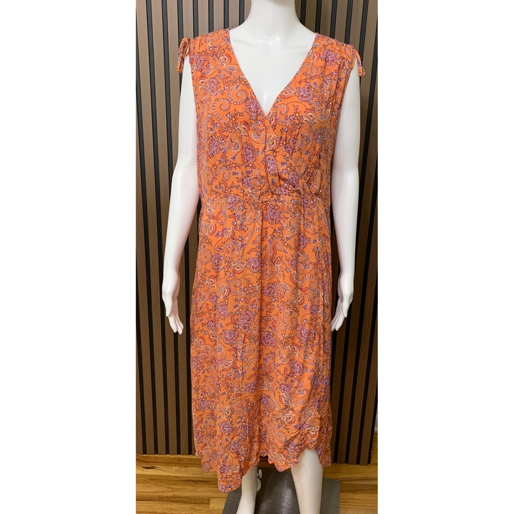 J. Jill Women's Orange Paisley Sleeveless Maxi Dress V-Neck L Petite Rayon